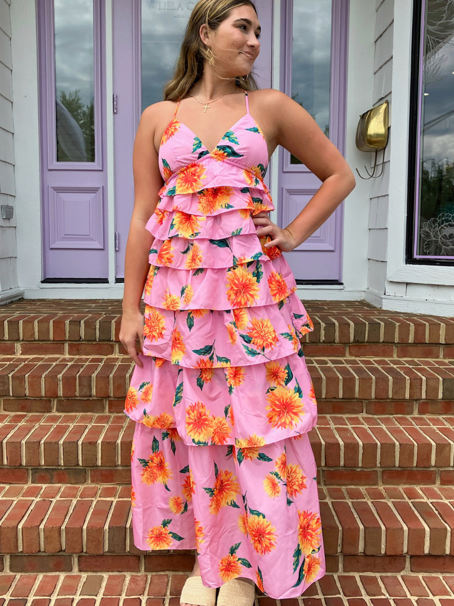 Pink Sunflower Ruffle Tiered Maxi Dress