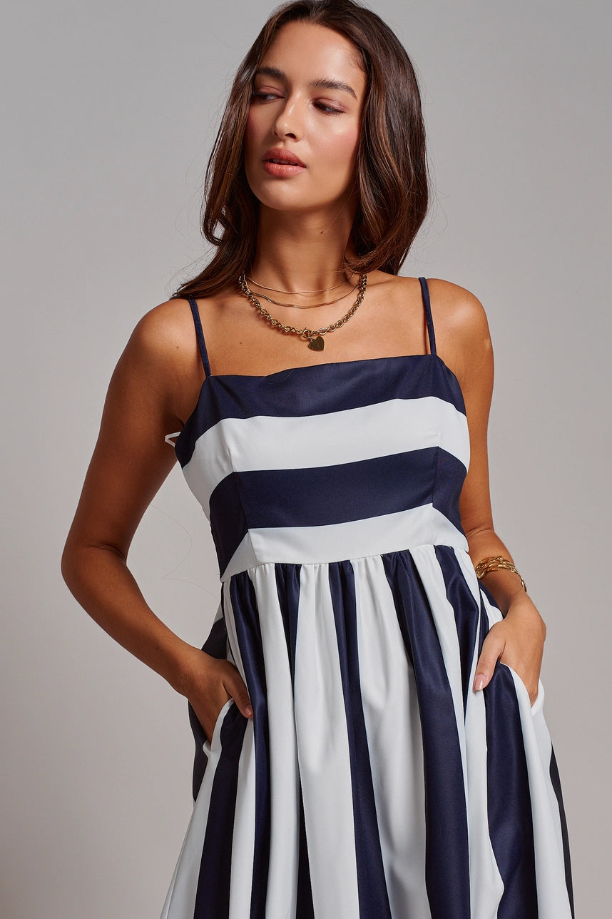 Vertical Stripe Smocked Back Maxi Dress In Navy