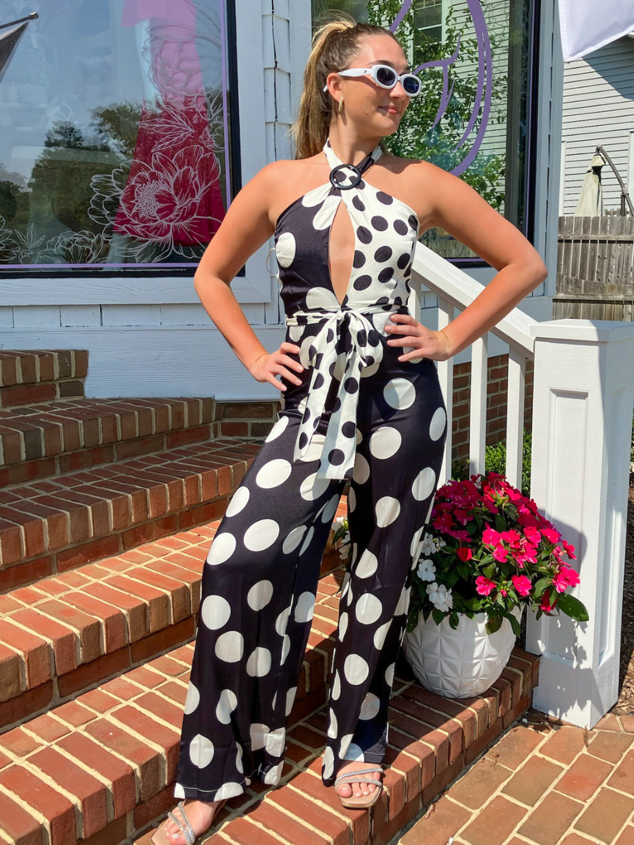 Black & White O-Ring Halter Neck Polka Dot Jumpsuit