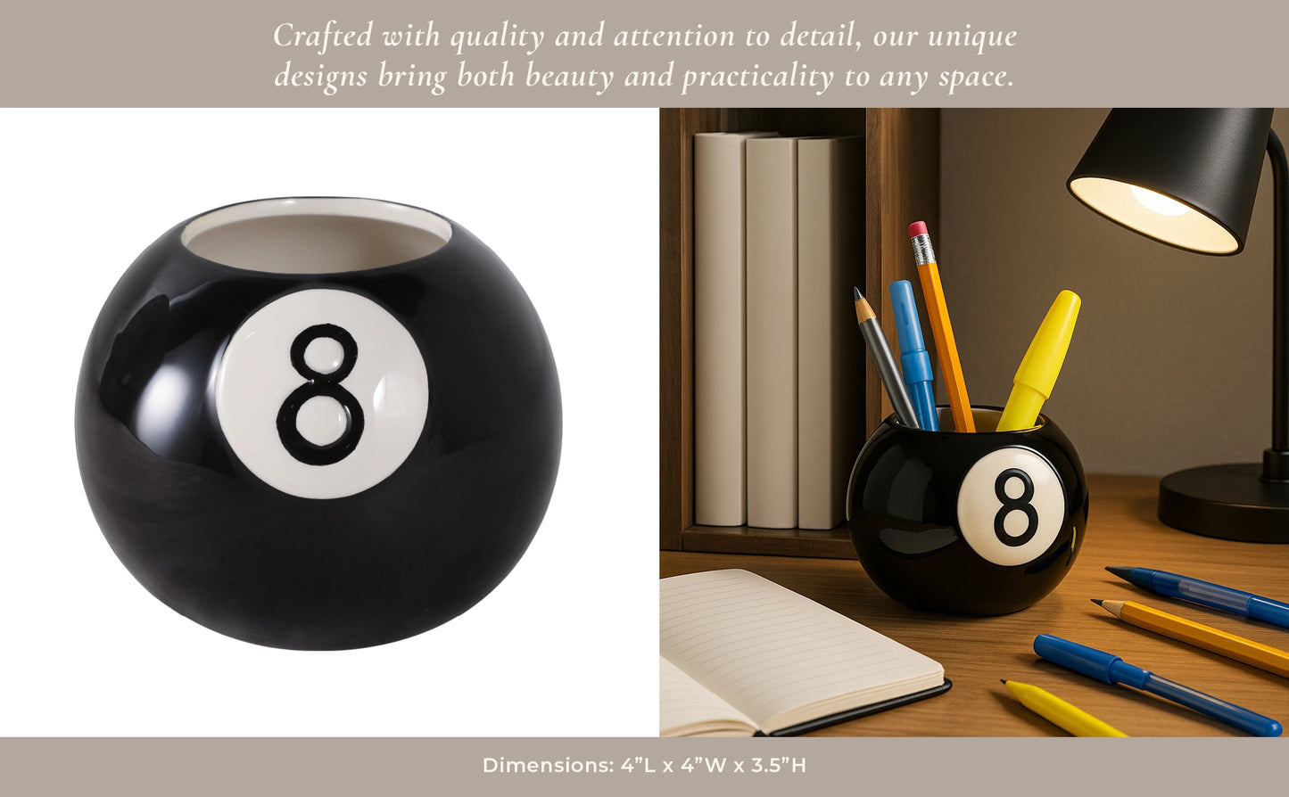 Pencil Cup - Black/White Ceramic Modern Round 8-Ball