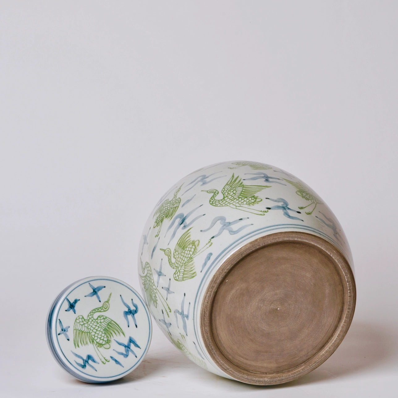 Blue and Green Porcelain Cranes and Clouds Round Storage Jar