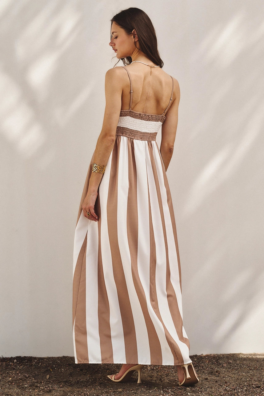 Vertical Stripe Smocked Back Maxi Dress In Taupe