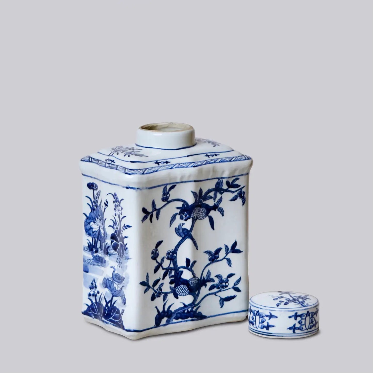 Bird and Flower Blue and White Porcelain Rectangular Caddy
