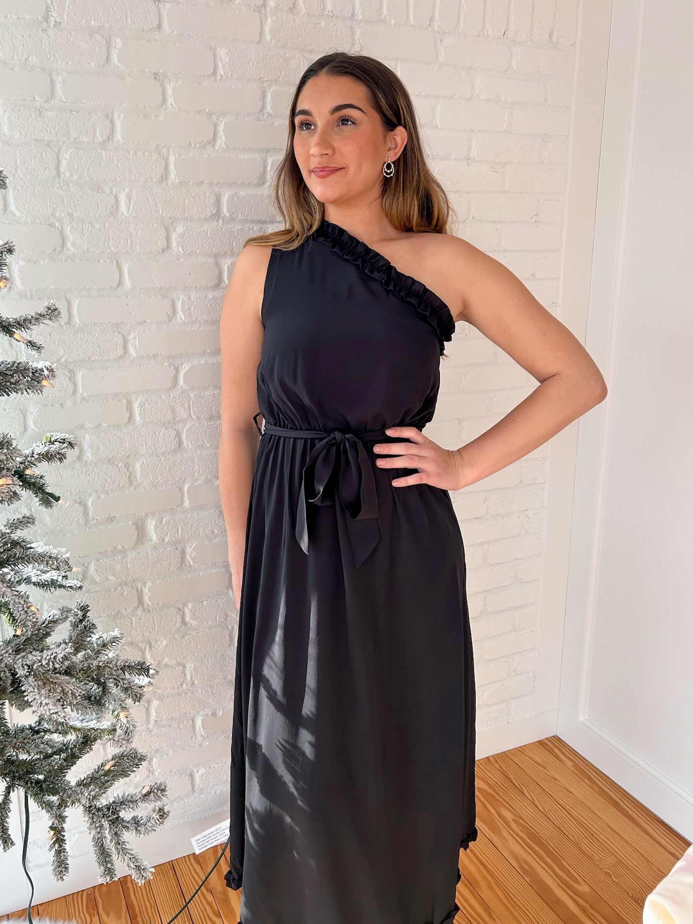 Black One Shoulder Ruffled Maxi Dress