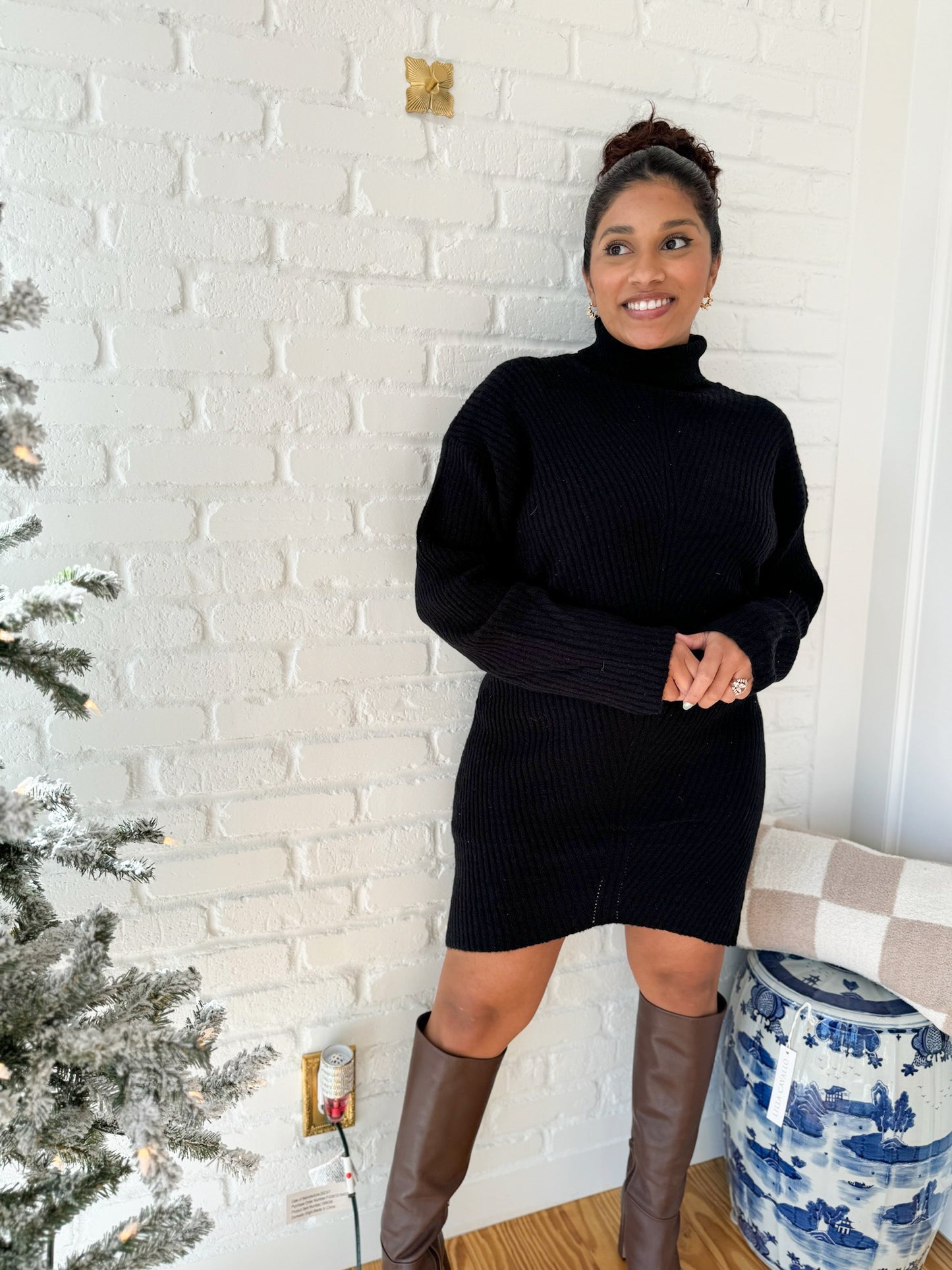 Black Turtleneck Sweater Knit Mini Dress