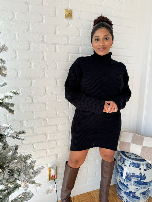 Black Turtleneck Sweater Knit Mini Dress