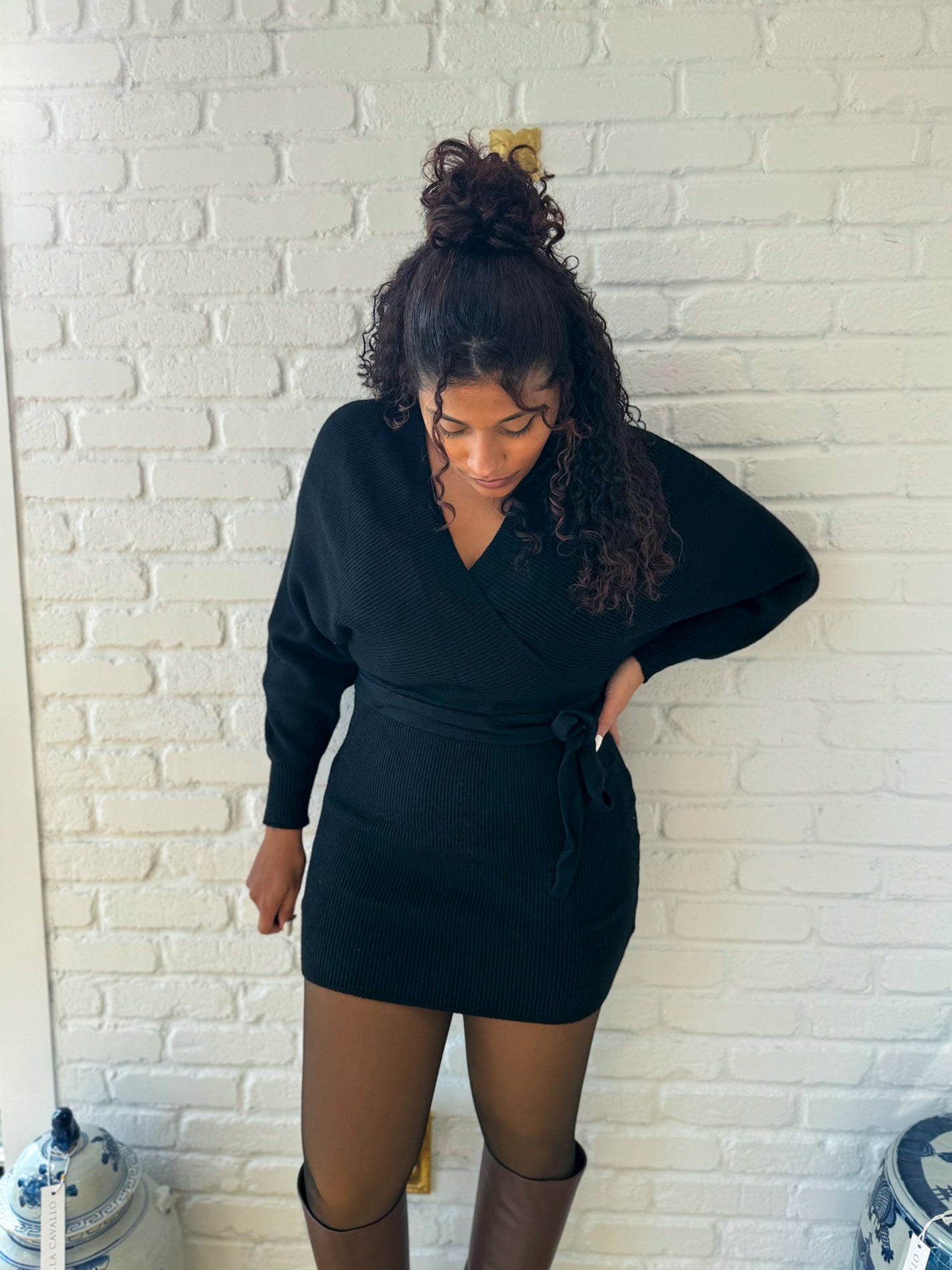 Black Mini Wrap Sweater Dress