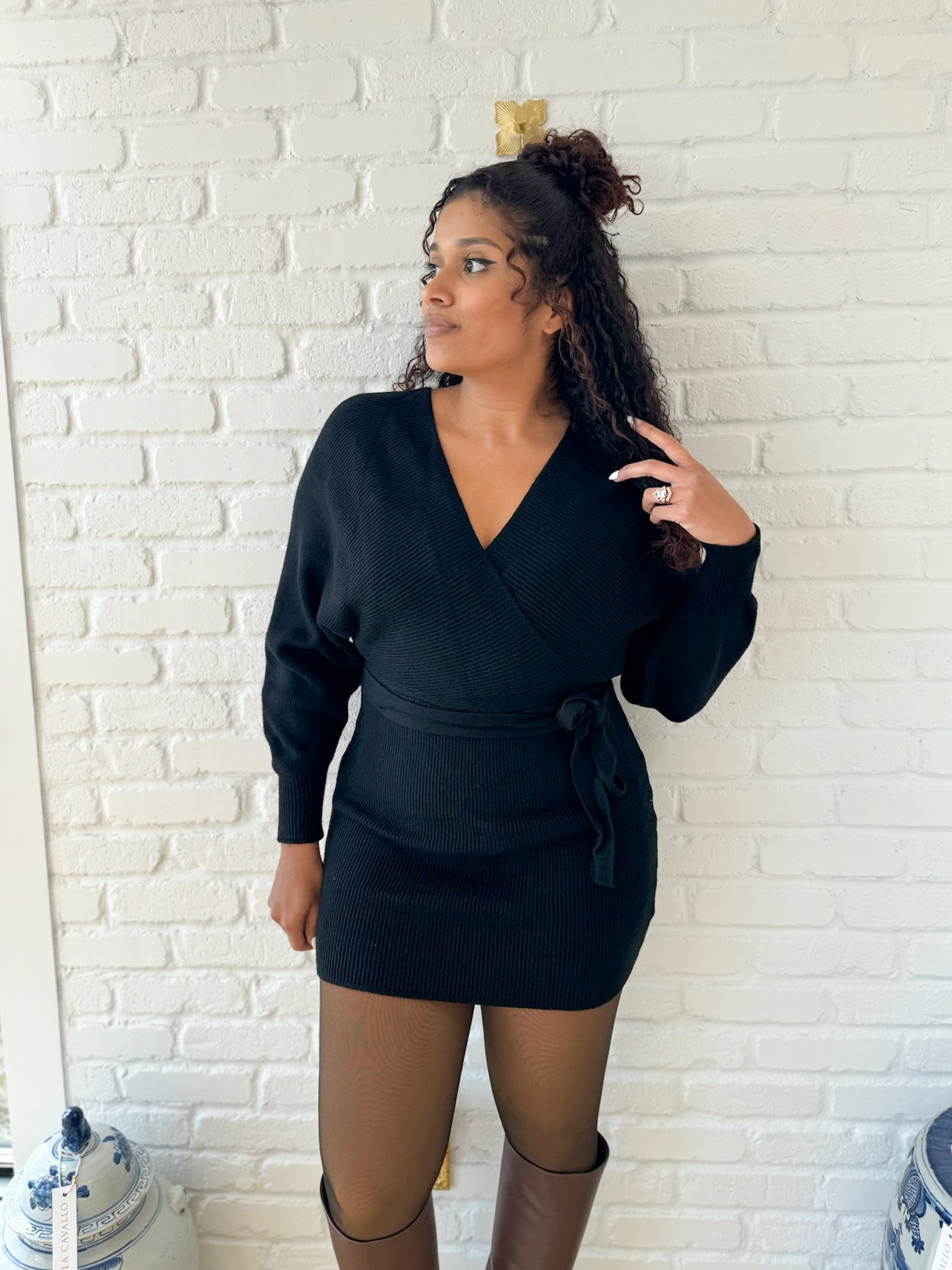 Lilla Cavallo | Black Mini Wrap Sweater Dress | Large / Black Lilla Cavallo | Black Mini Wrap Sweater Dress | Large / Black
