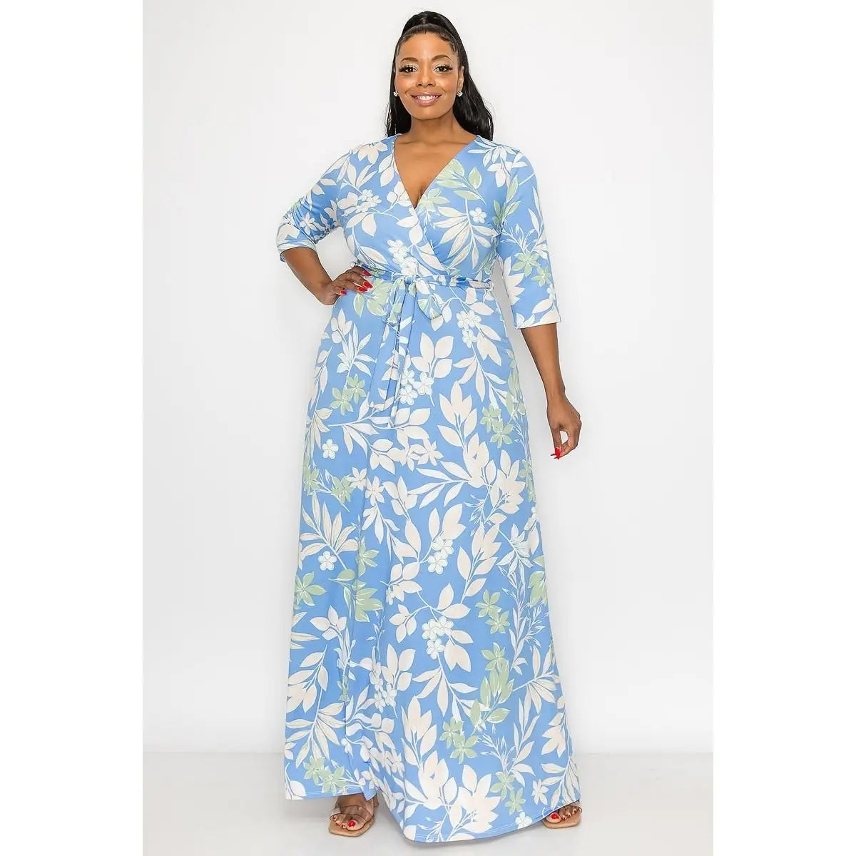 Blue Palm V Neck Curvy Fit Maxi Dress