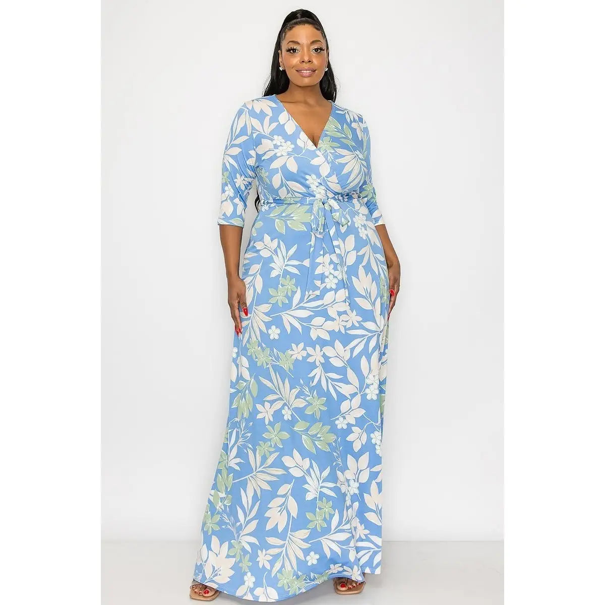 Blue Palm V Neck Curvy Fit Maxi Dress