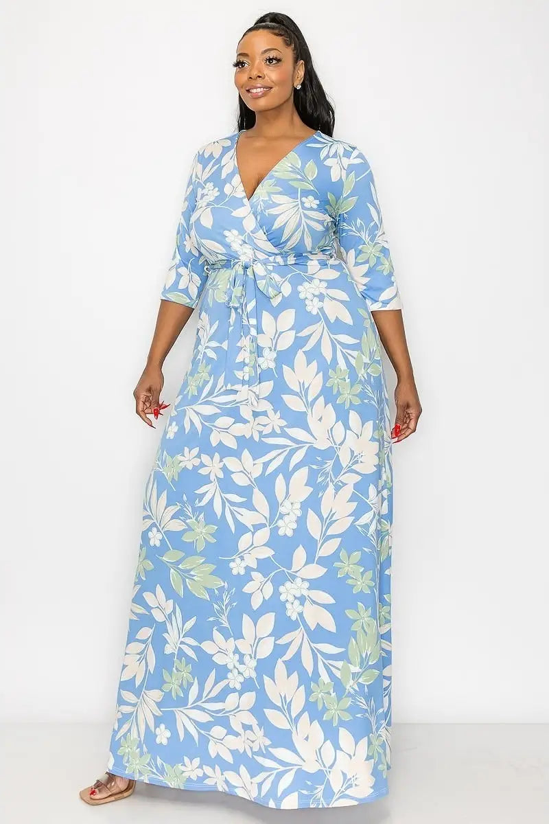 Blue Palm V Neck Curvy Fit Maxi Dress