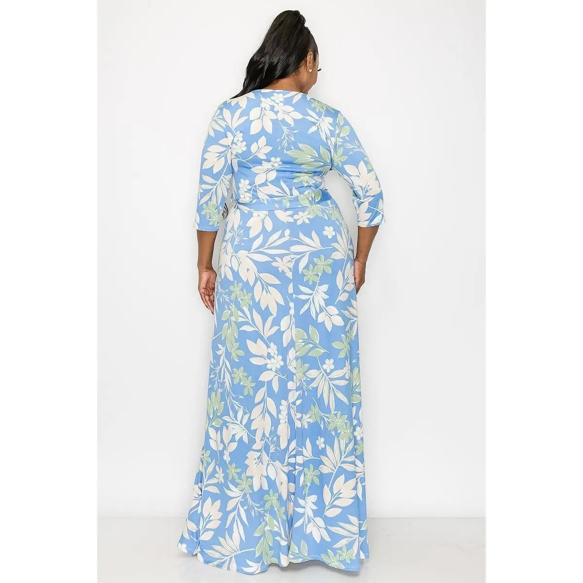 Blue Palm V Neck Curvy Fit Maxi Dress