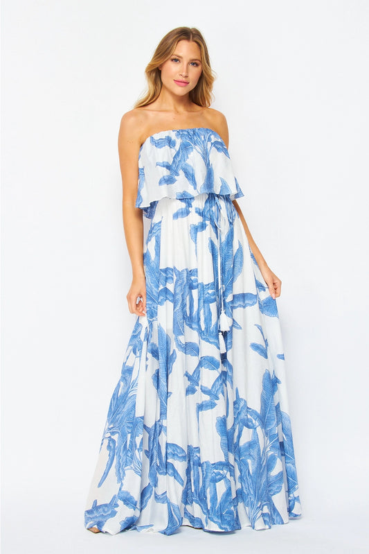 Blue Tropical Sleeveless Flowy Maxi Dress