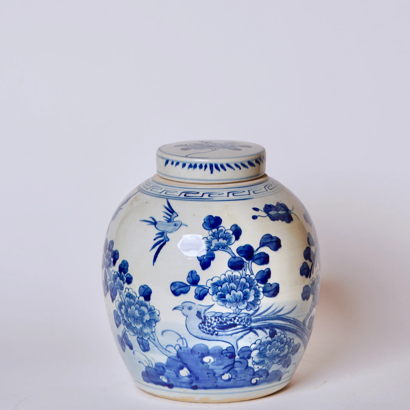 Blue & White Porcelain Bird and Flower Round Storage Jar