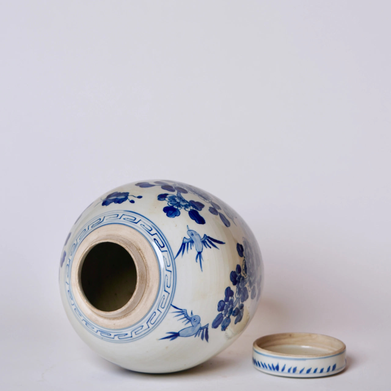 Blue & White Porcelain Bird and Flower Round Storage Jar