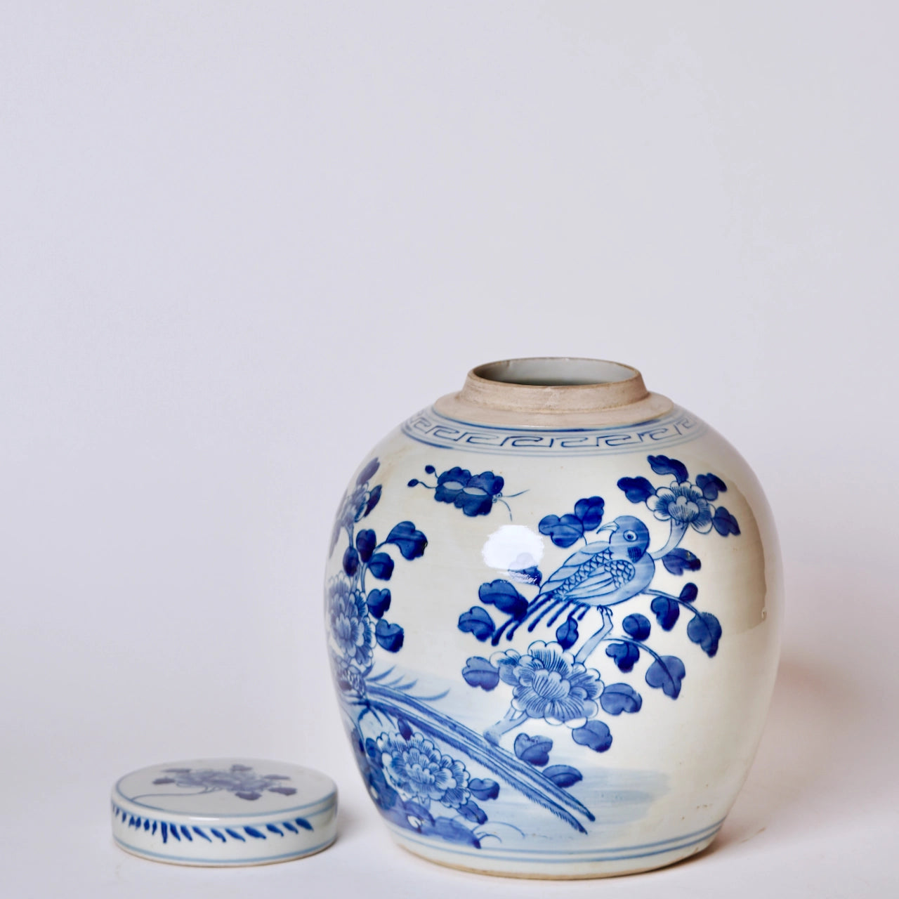 Blue & White Porcelain Bird and Flower Round Storage Jar