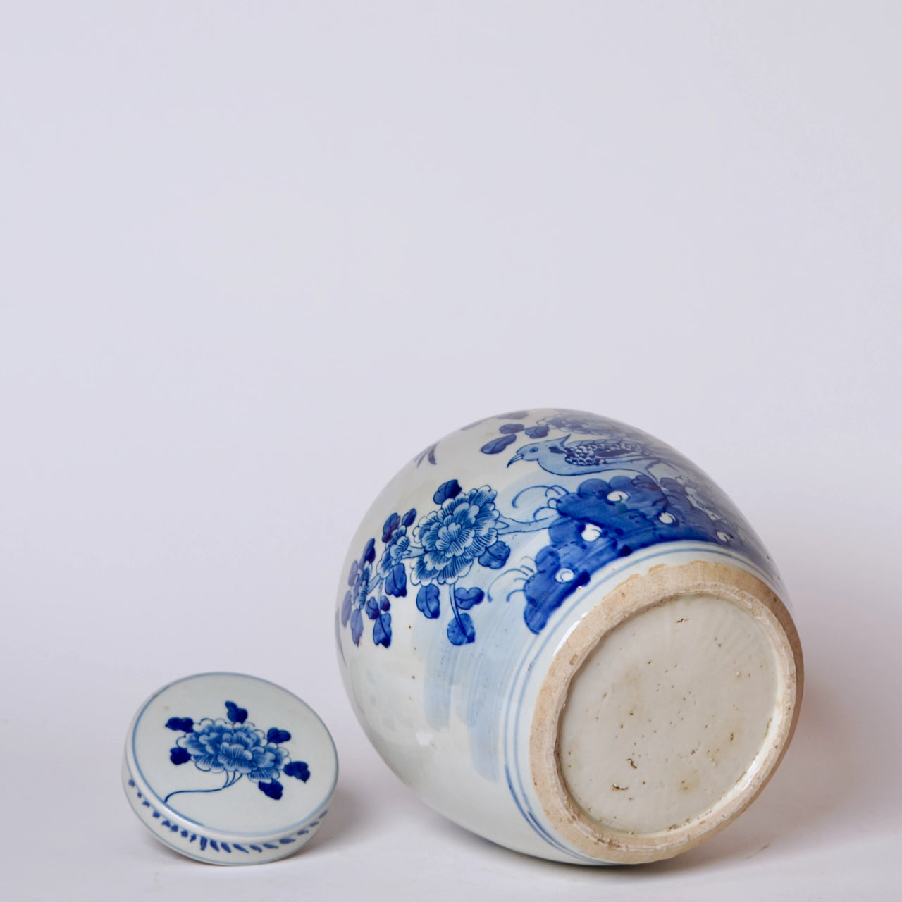 Blue & White Porcelain Bird and Flower Round Storage Jar