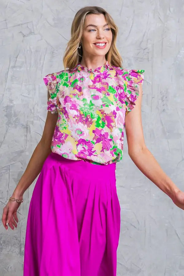 Bright Floral High Neck Ruffled Blouse