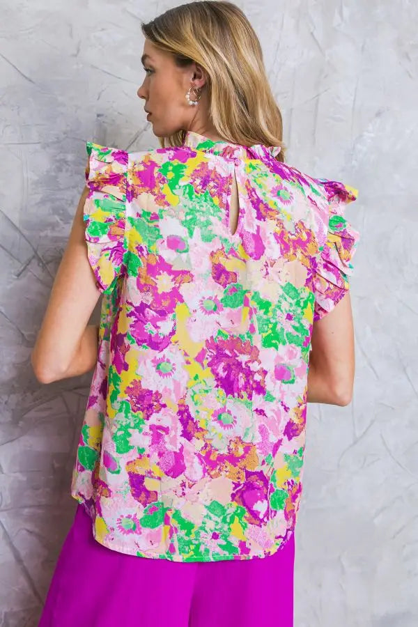Bright Floral High Neck Ruffled Blouse