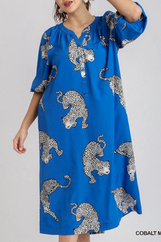 Cheetah Print Half Button Down Midi Dress in Cobalt Mix