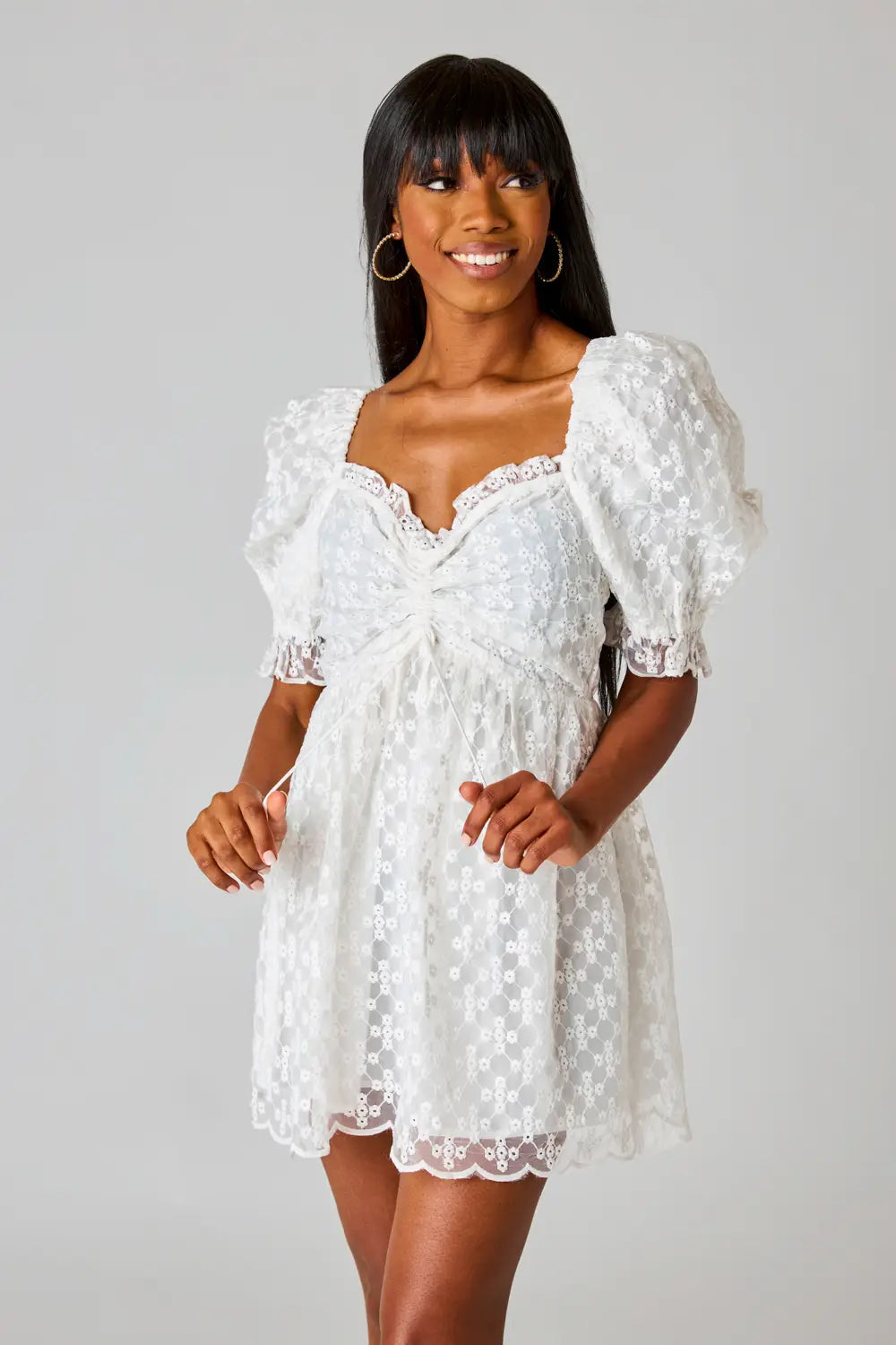 Ivory Lace Puff Sleeve Eyelet Dress