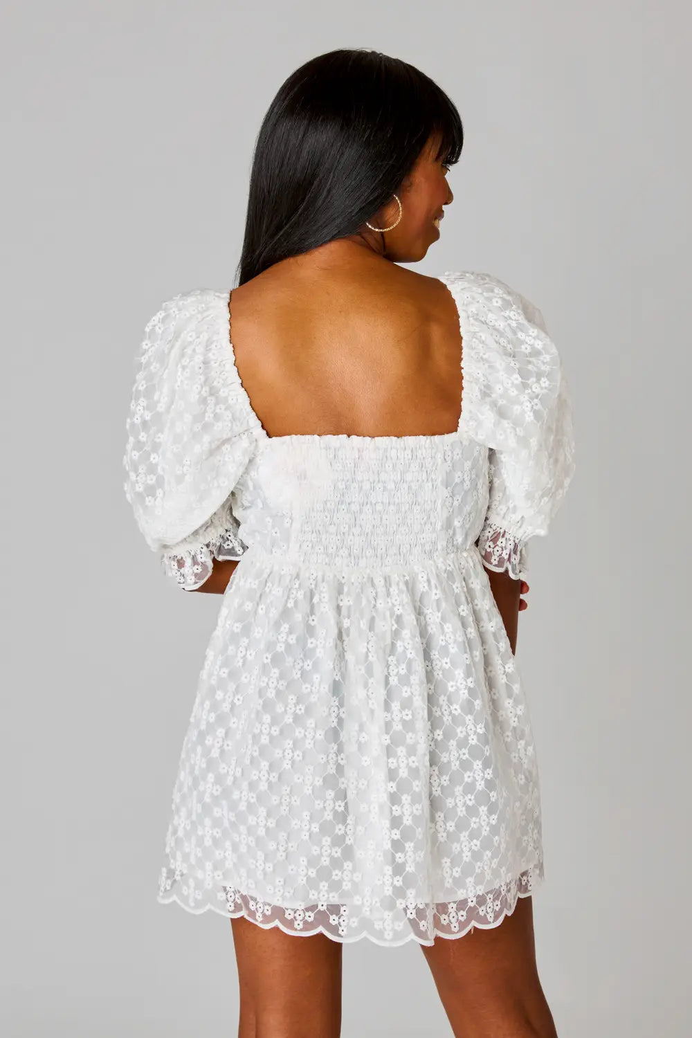 Ivory Lace Puff Sleeve Eyelet Dress