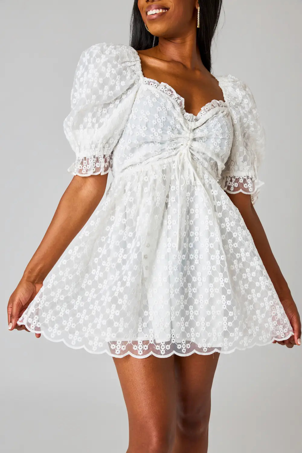 Ivory Lace Puff Sleeve Eyelet Dress