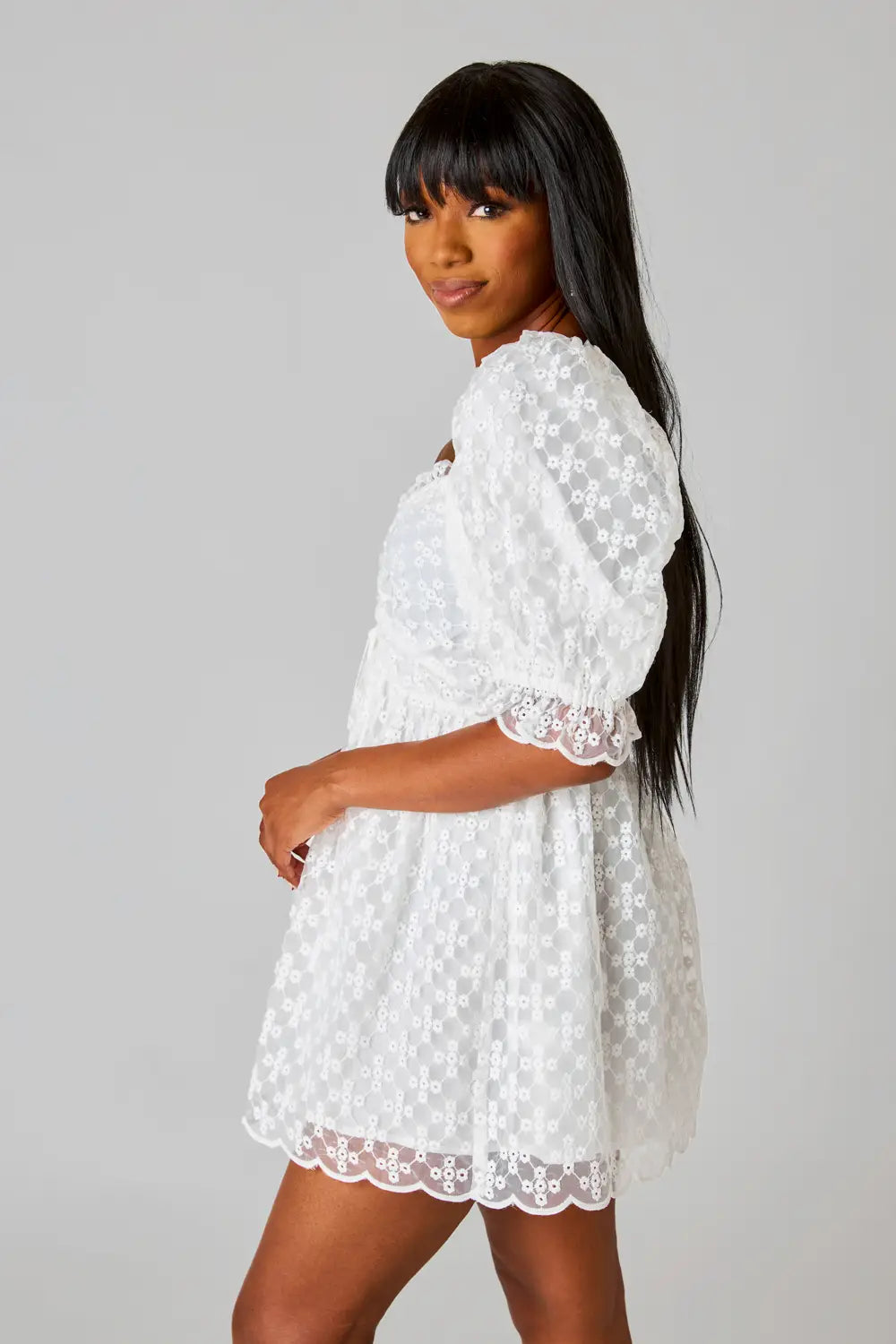 Ivory Lace Puff Sleeve Eyelet Dress