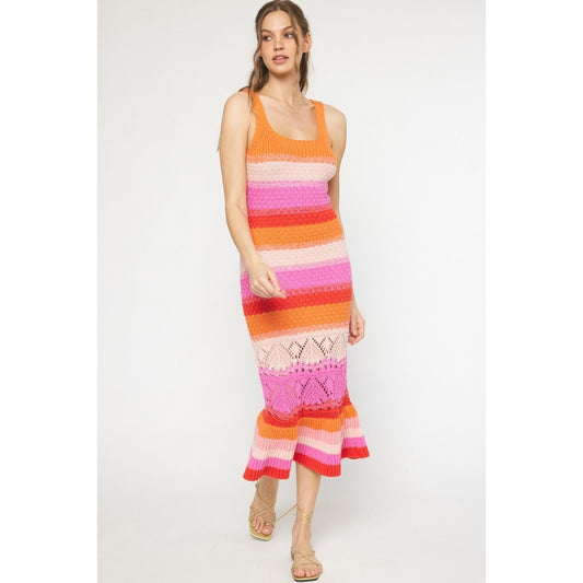 Colorblock Crochet Mermaid Hem Midi Dress