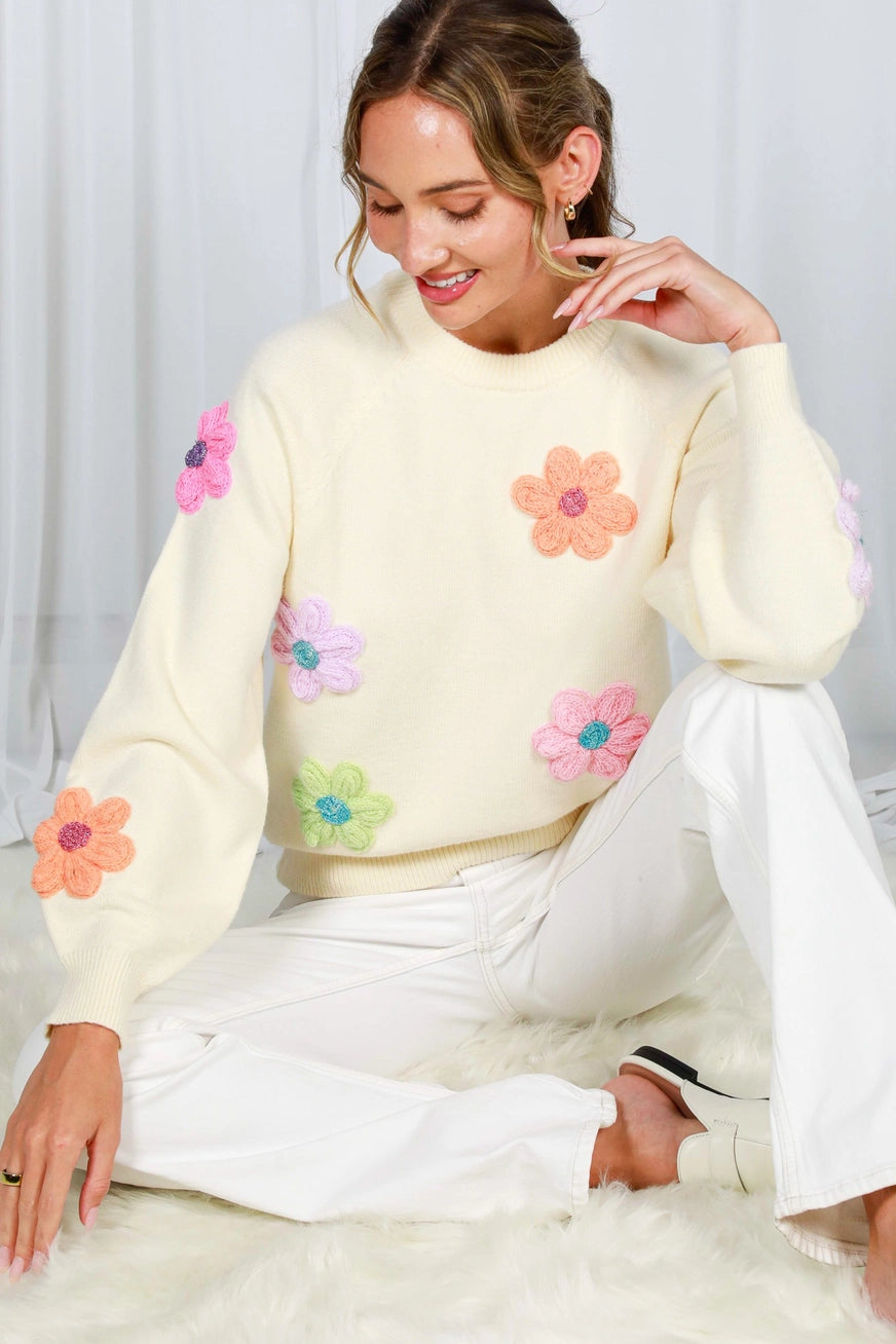 Flower Embroidered Crew Neck Sweater