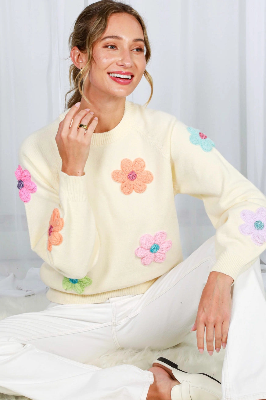Flower Embroidered Crew Neck Sweater