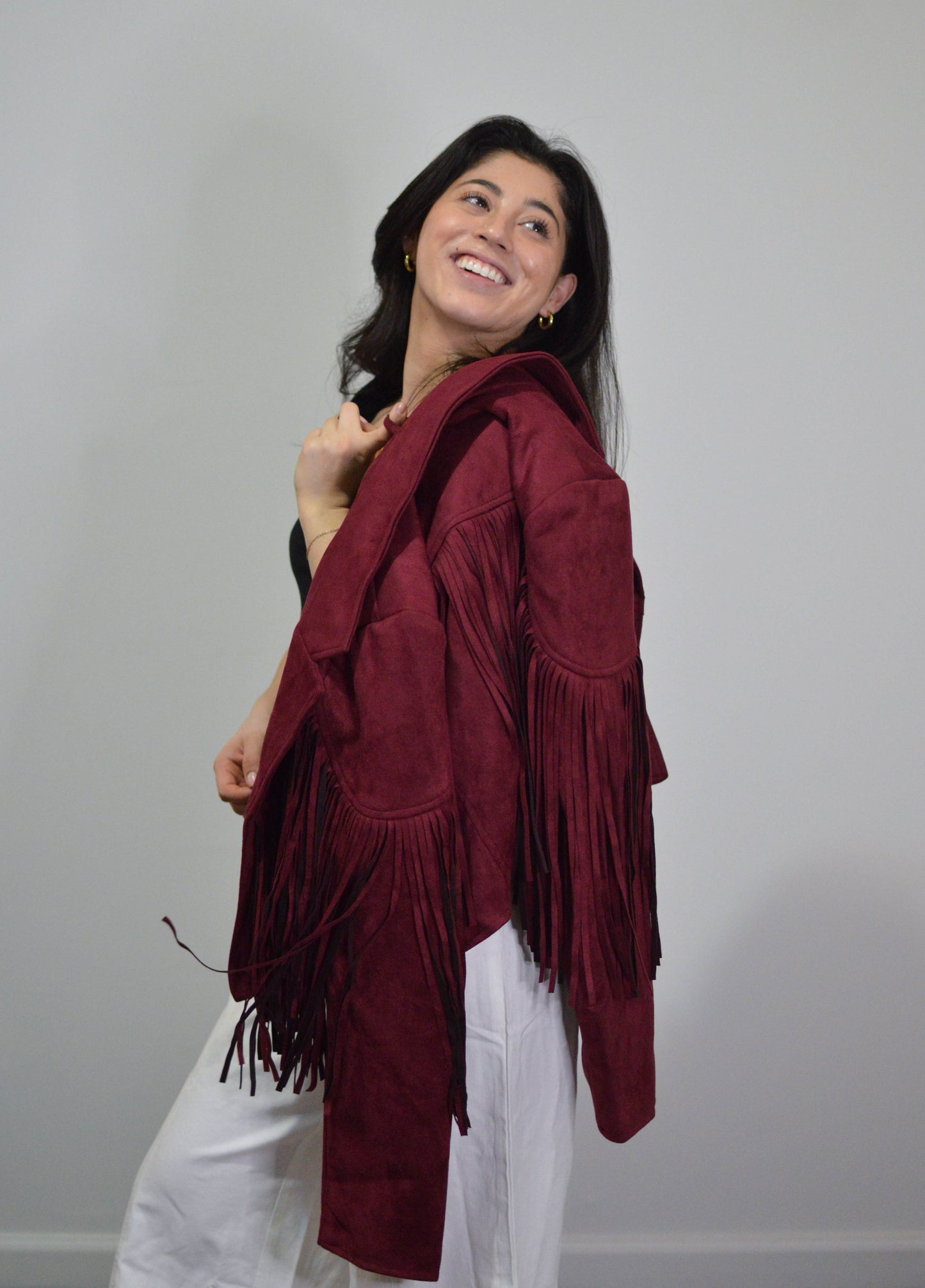 Wine Suede Fringe Jacket