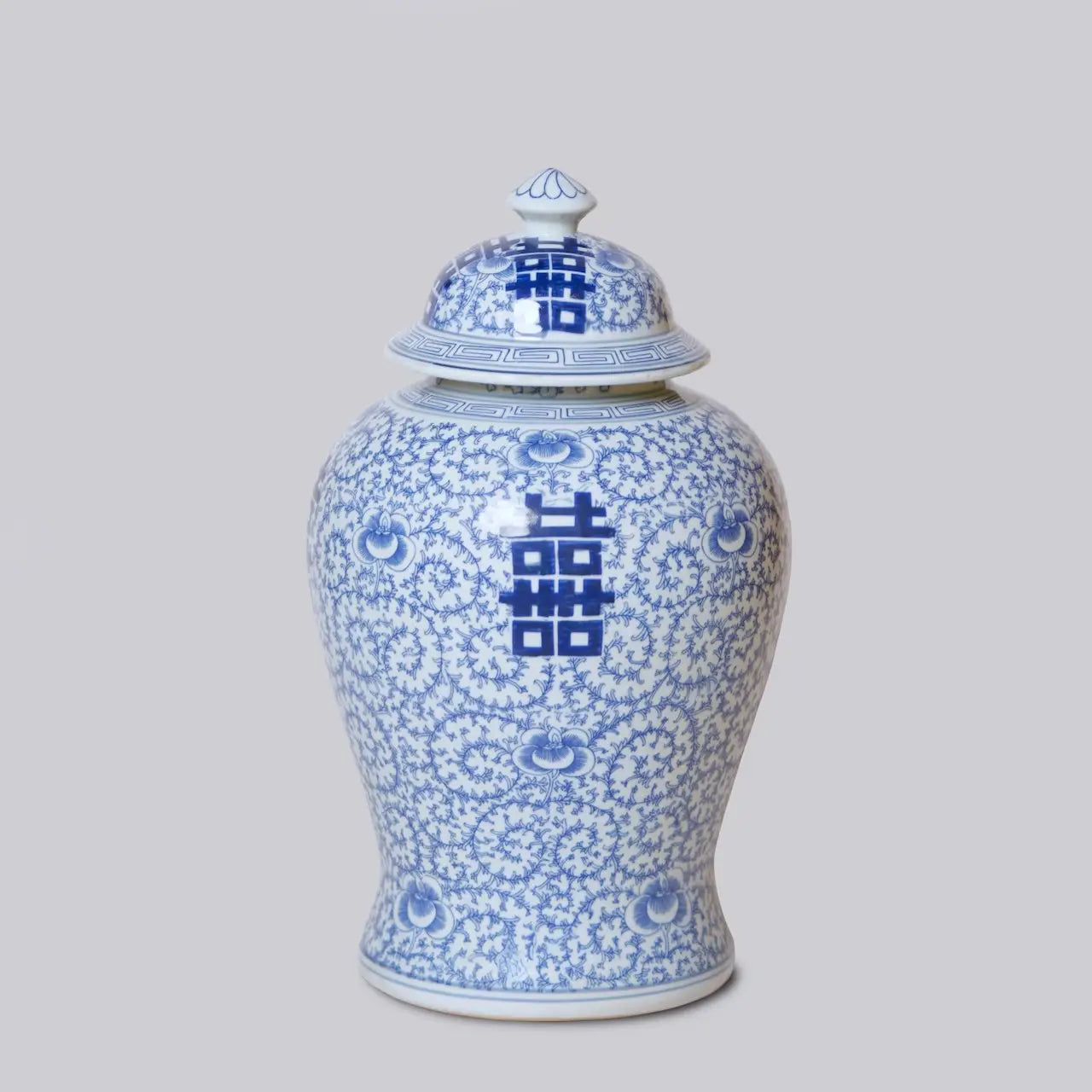 Double Happiness/Scrolling Peony Blue and White Temple Jar