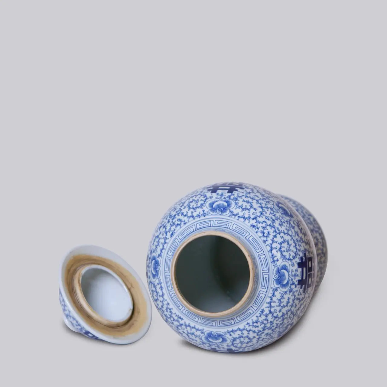 Double Happiness/Scrolling Peony Blue and White Temple Jar