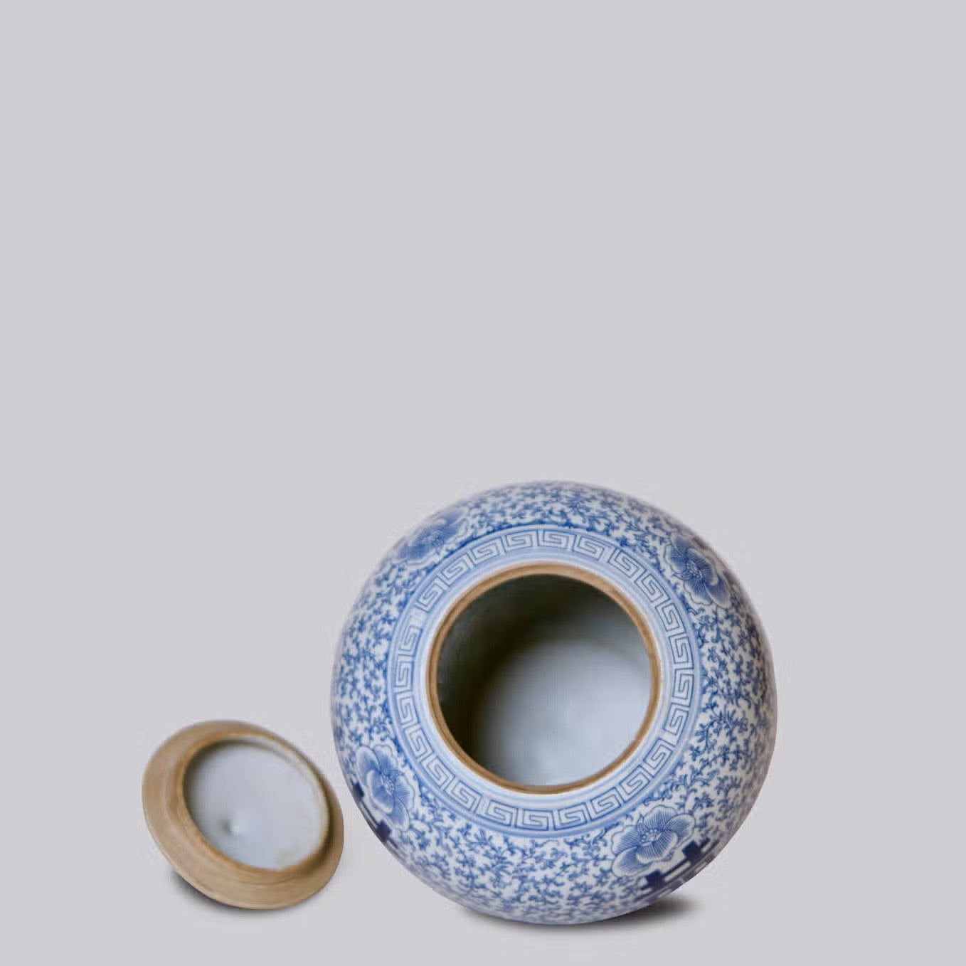 Double Happiness Scrolling Peony Squat Blue and White Jar