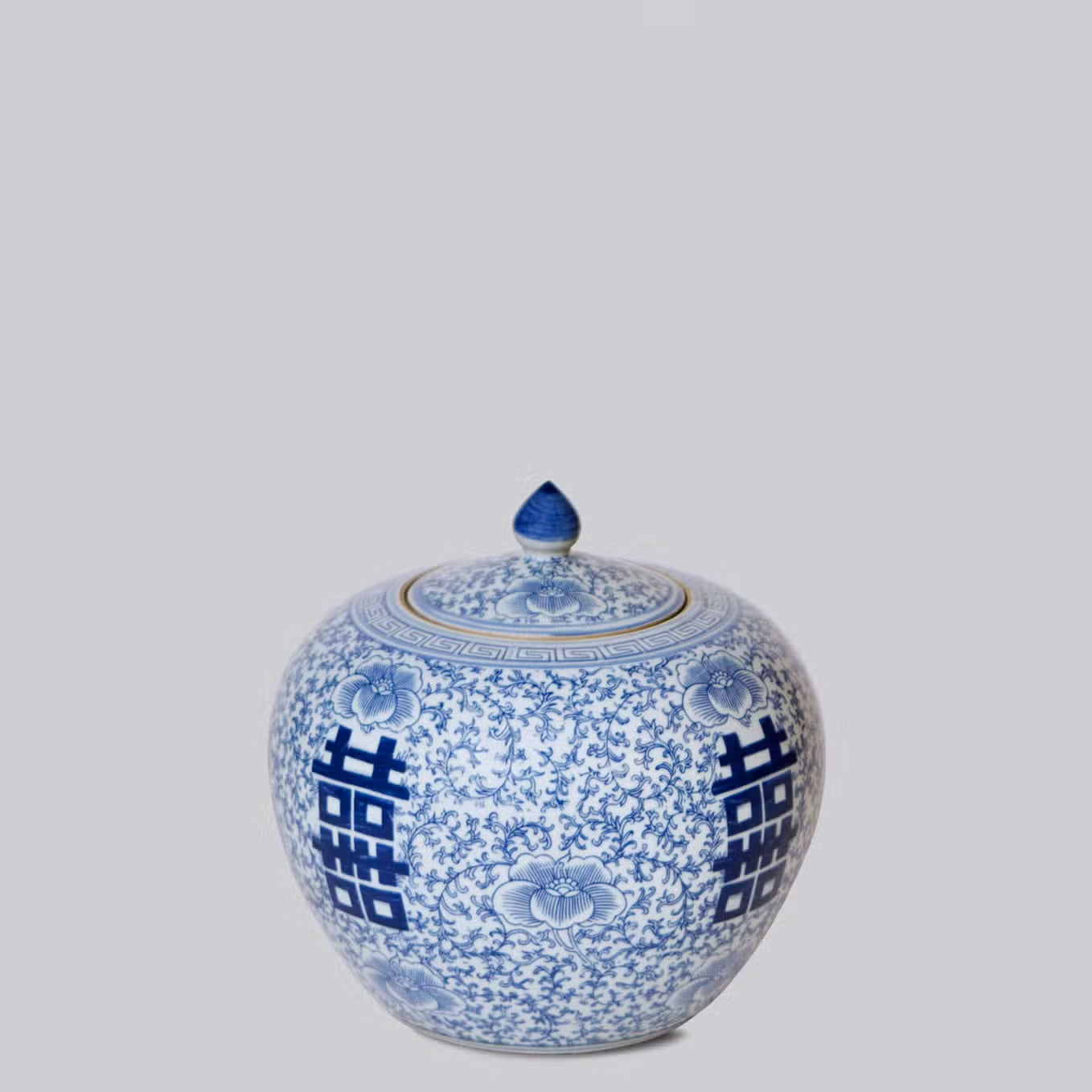 Double Happiness Scrolling Peony Squat Blue and White Jar