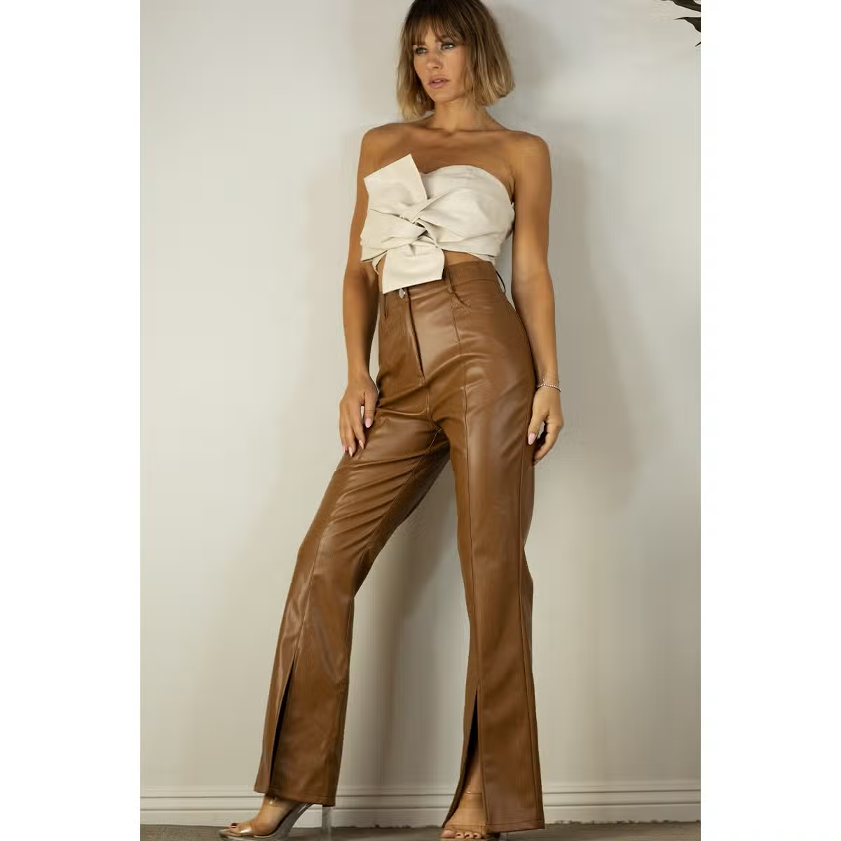 Brown Faux Leather Front Slit Flare Pants