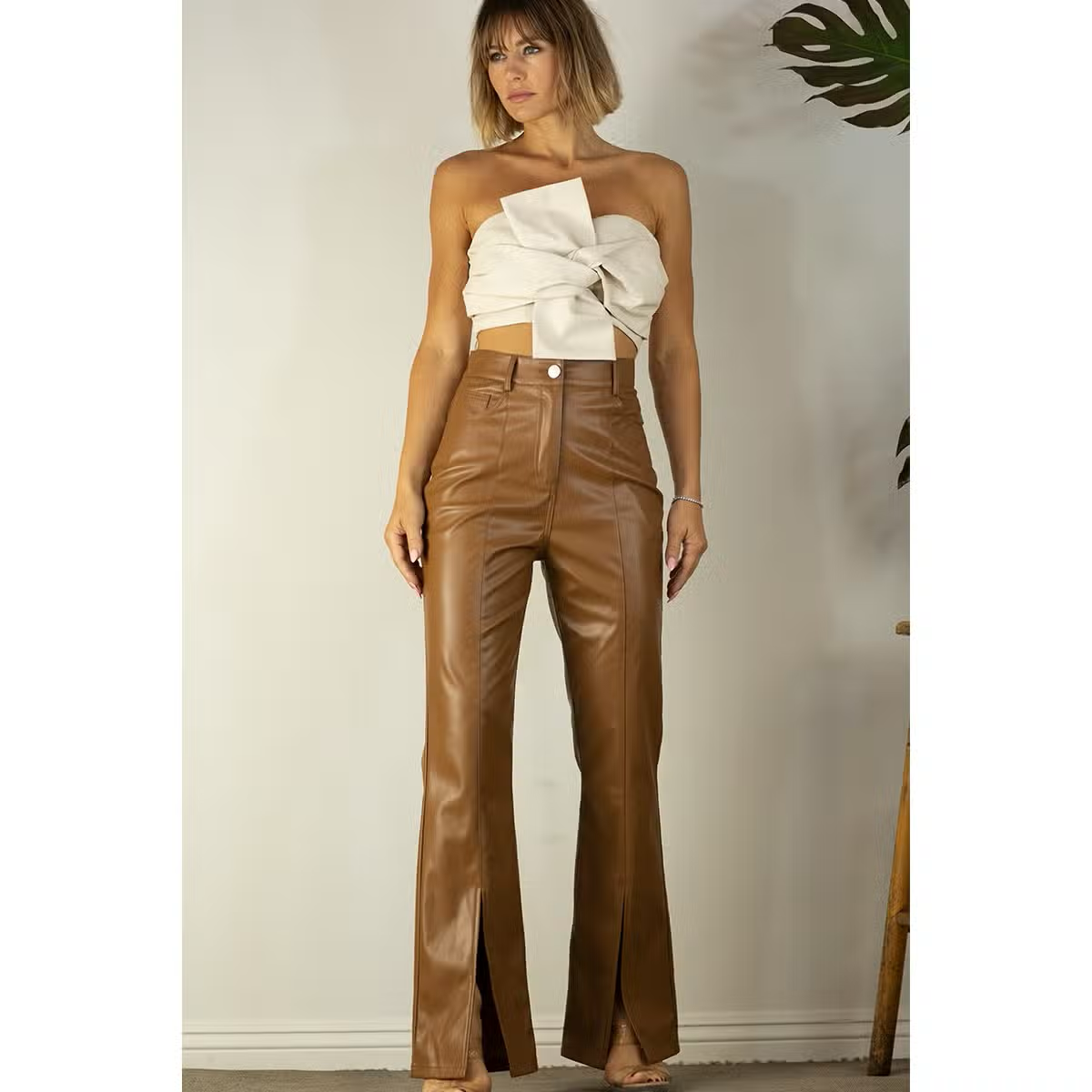 Brown Faux Leather Front Slit Flare Pants