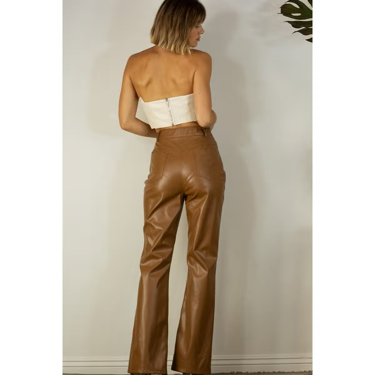 Brown Faux Leather Front Slit Flare Pants