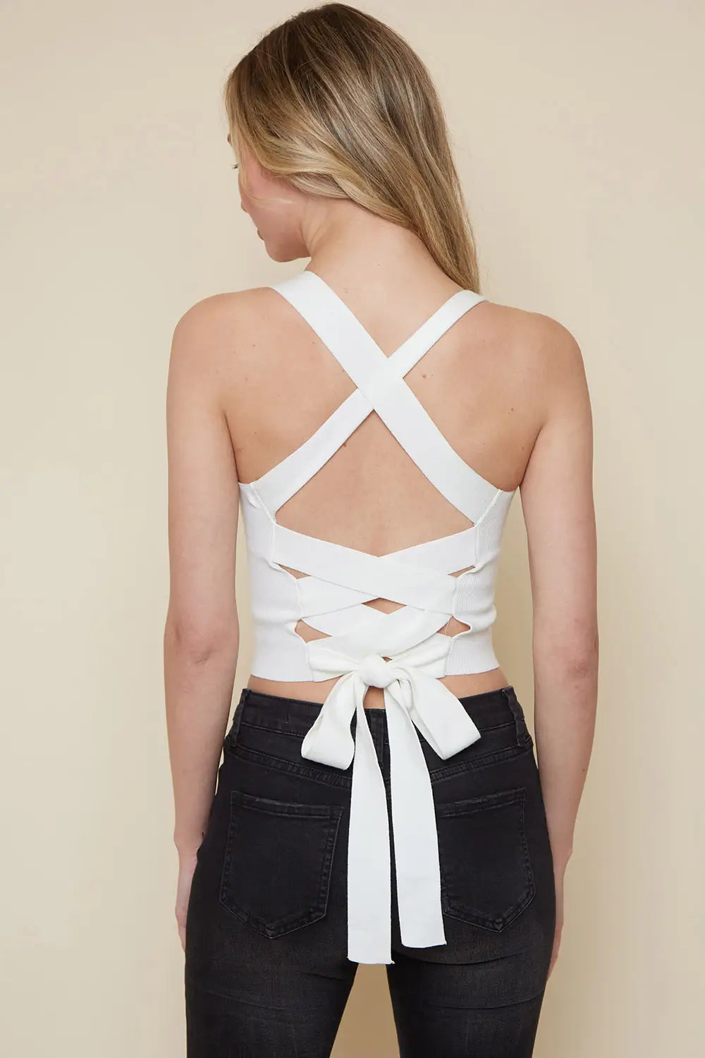 White Sweater Knit Cross Back Cropped Tank Top