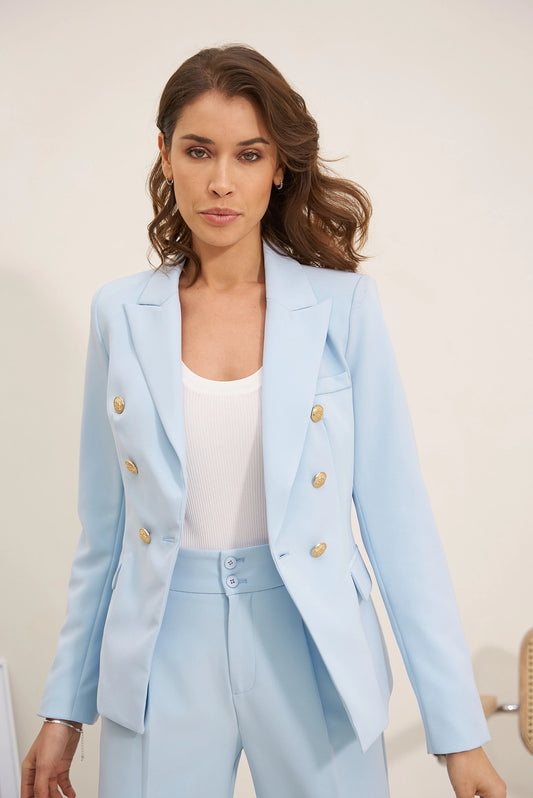 Parisian Sky Blue Fitted Blazer With Gold Buttons