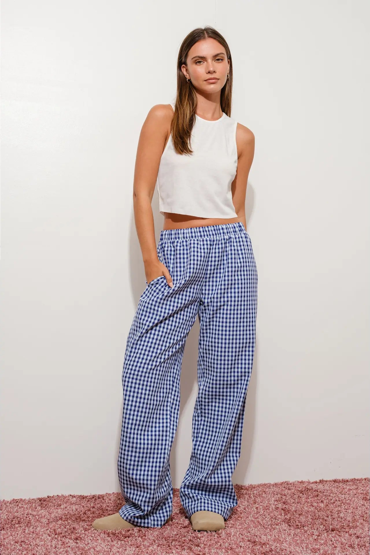 Blue and White Gingham Relaxed Pants