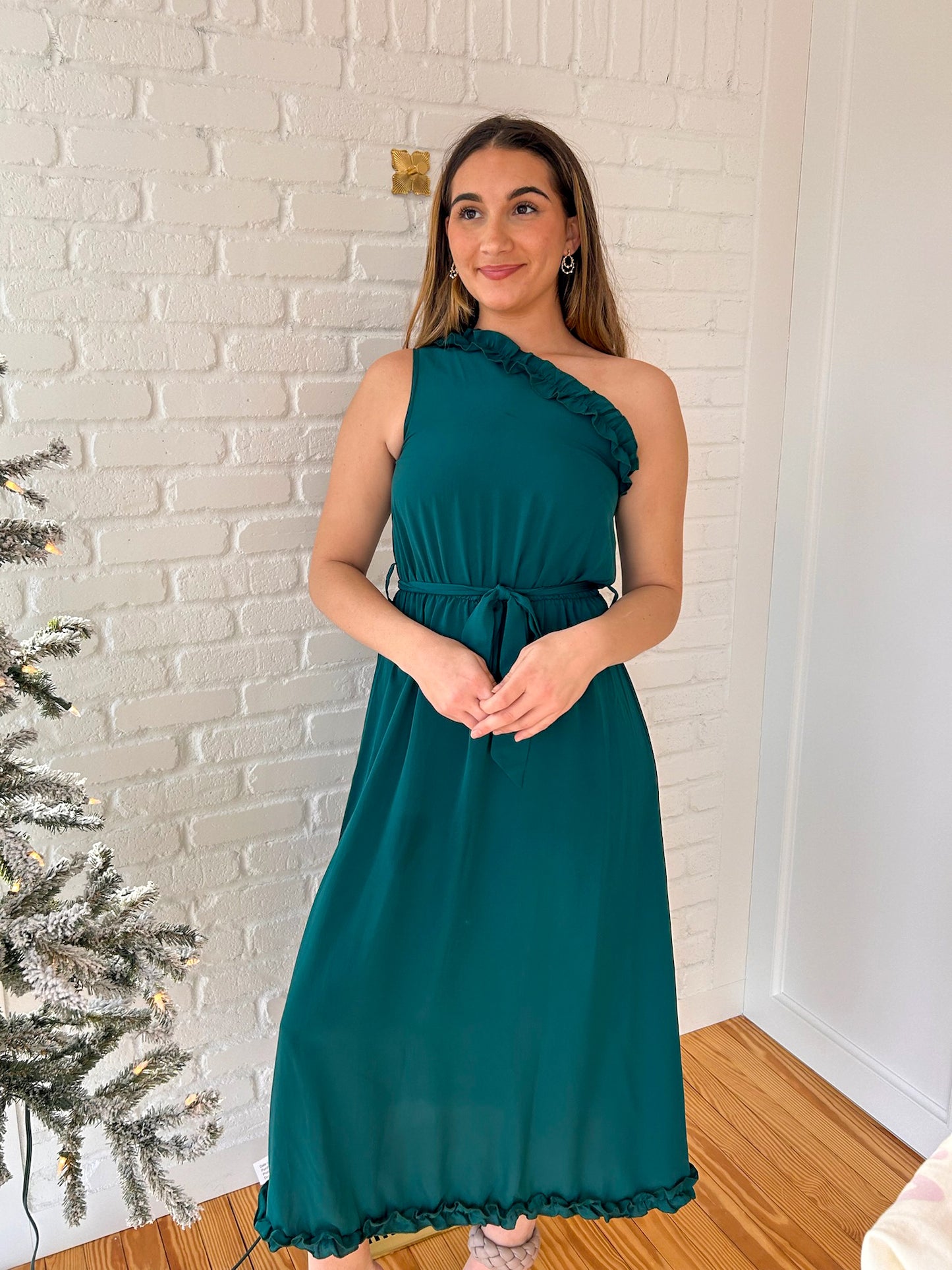 Green One Shoulder Ruffled Maxi Dress
