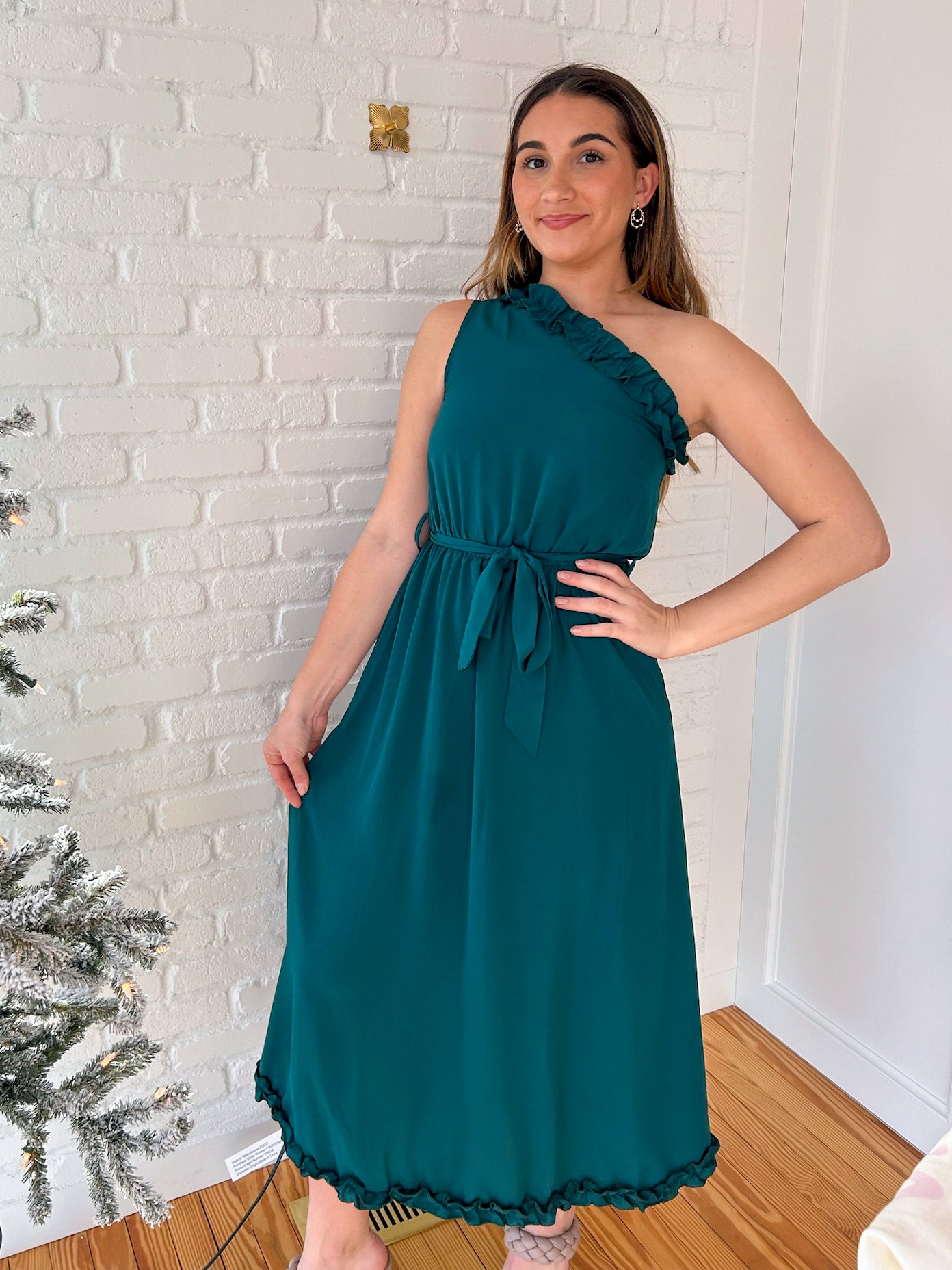 Green One Shoulder Ruffled Maxi Dress
