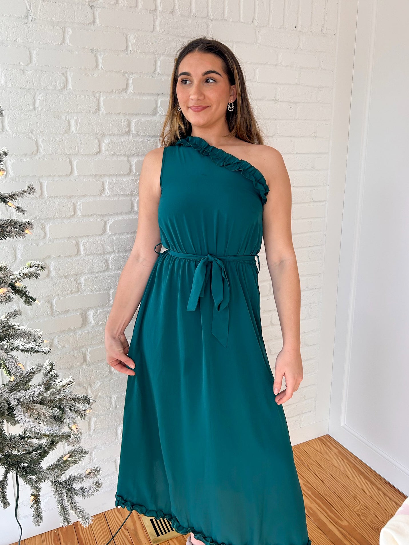 Green One Shoulder Ruffled Maxi Dress