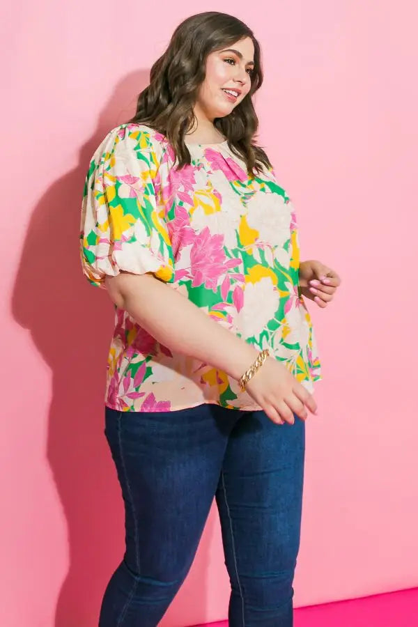 Green Pink Floral Curvy Fit Blouse