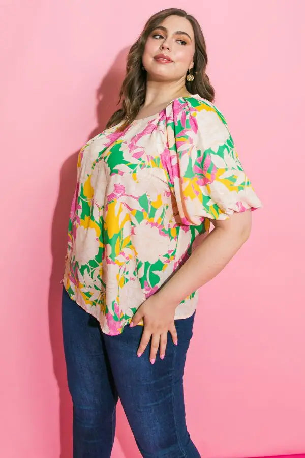 Green Pink Floral Curvy Fit Blouse
