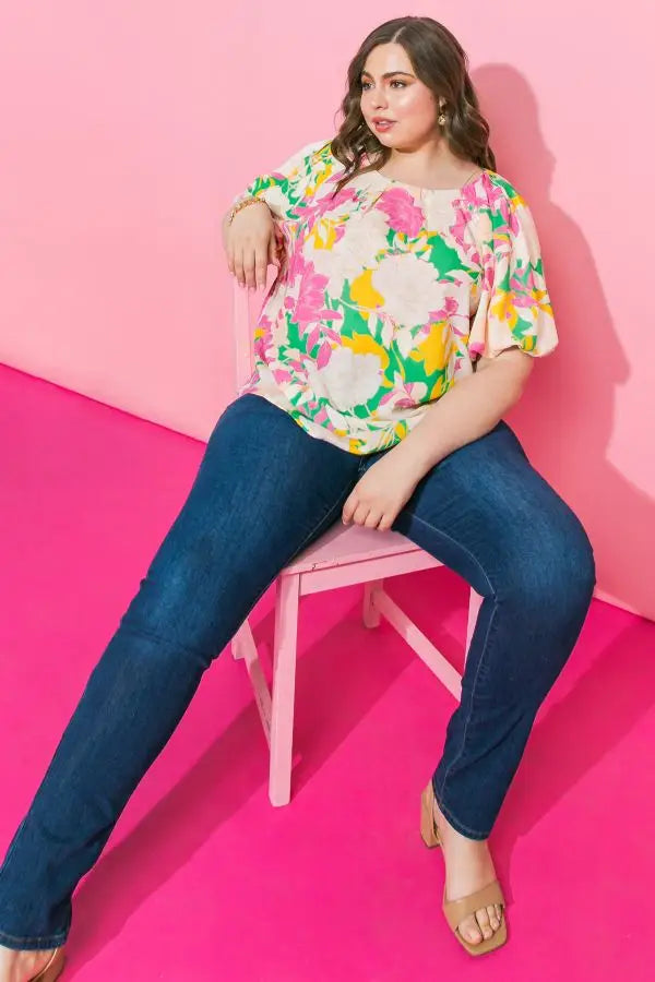 Green Pink Floral Curvy Fit Blouse