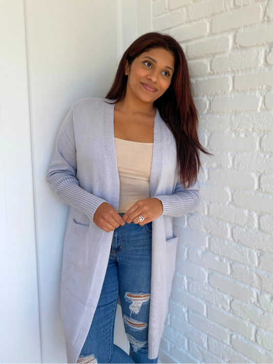 Grey Open Front Long Sweater Cardigan