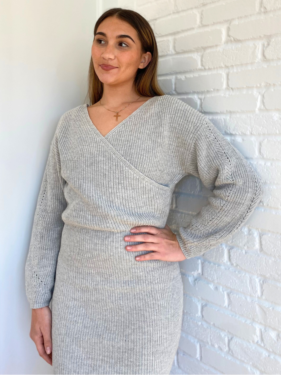 Grey Wrap Sweater Dress
